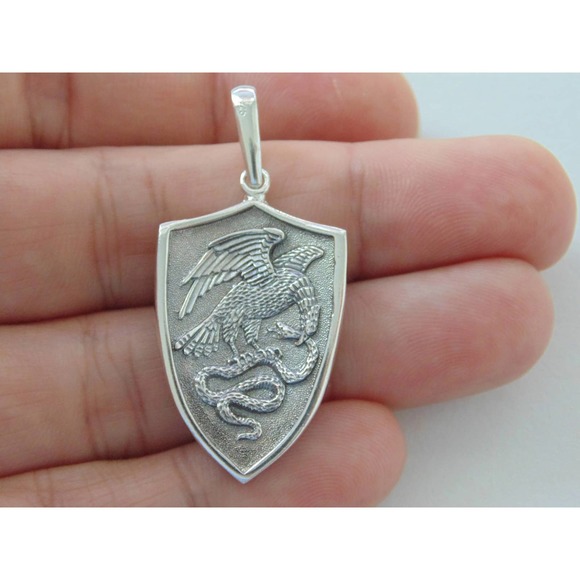 925 Sterling Silver Pendant St George Shield Mens Biker Dragon Eagle Fight Snake - Picture 6 of 7